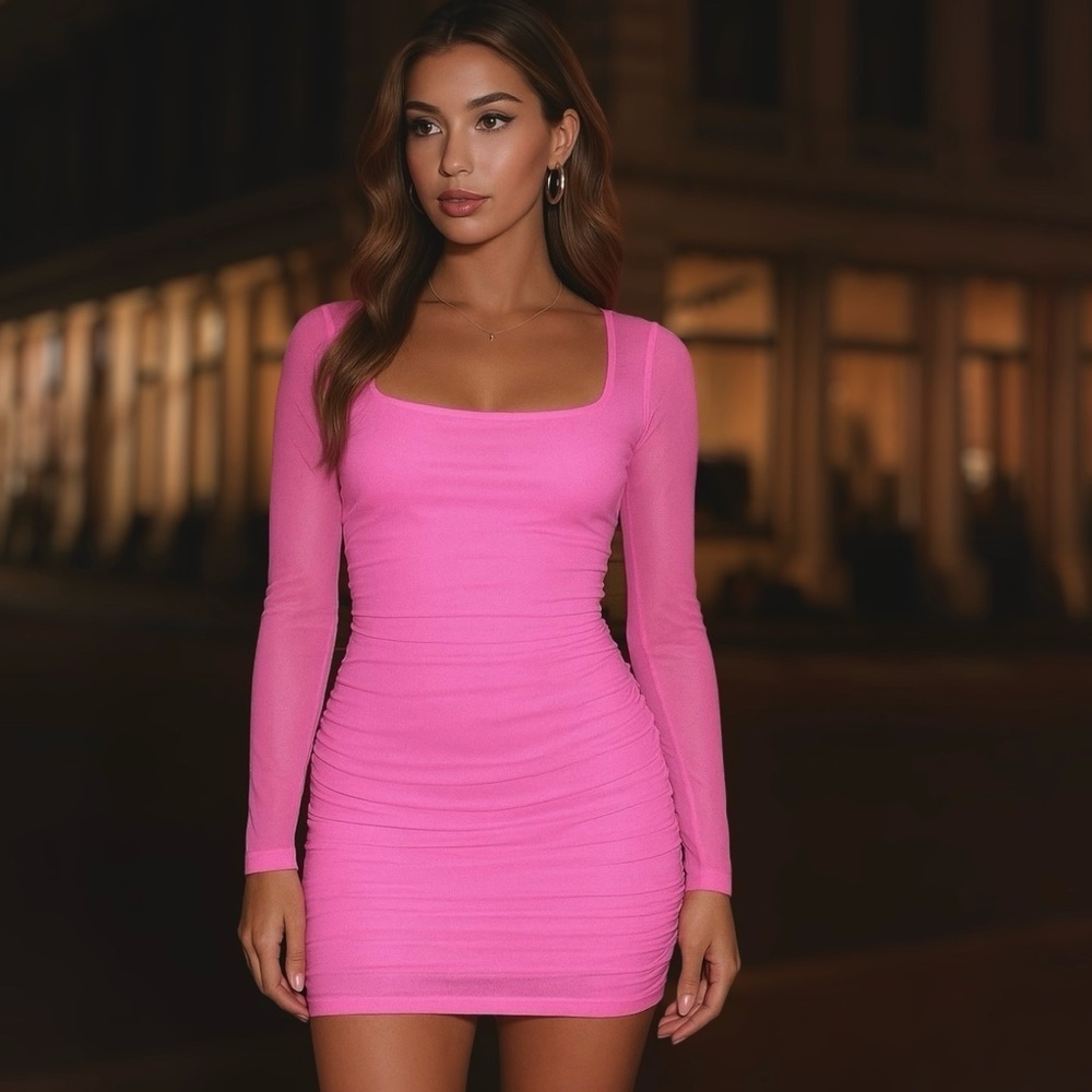Hello Molly Fresh Vibes Ruched Long Sleeve Bodycon Mini Dress Pastel Pink Size 8 - Picture 8 of 8